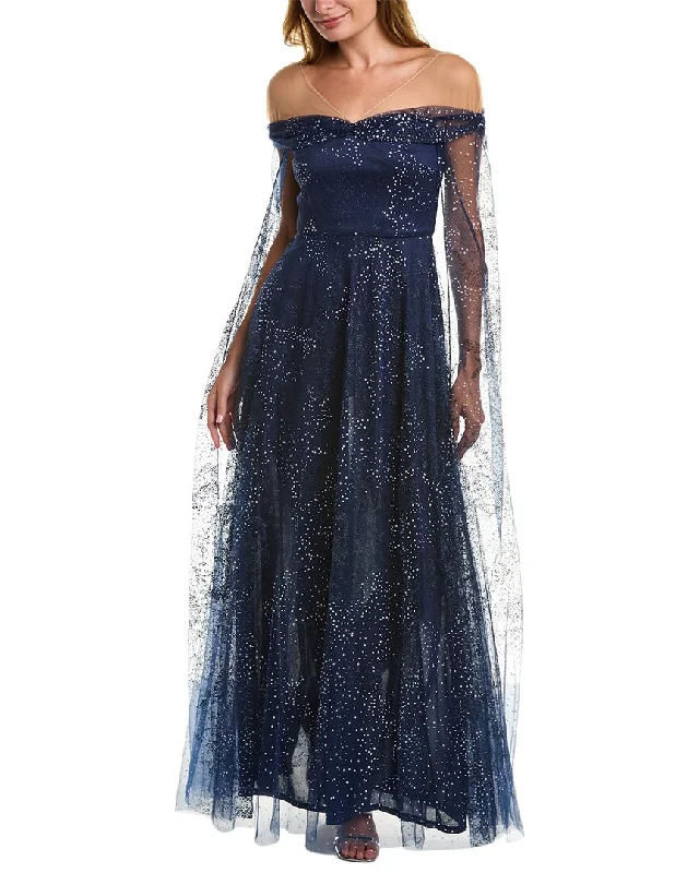 Marchesa Notte Glitter Cape Gown