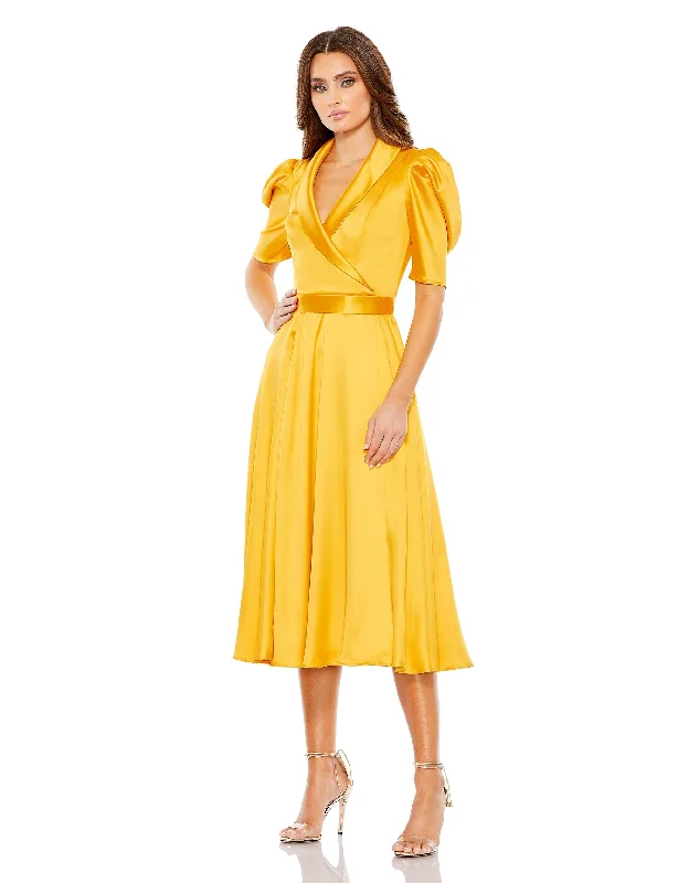 Satin Lapel Puff Sleeve Tea Length Dress