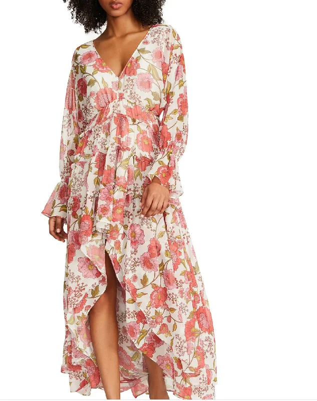 Sol Floral Long Sleeve High-Low Maxi Dress in Vintage Rose