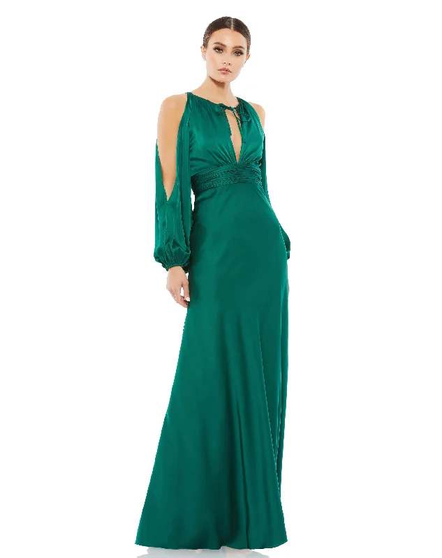 Tied Keyhole Cold Shoulder Bishop Sleeve Gown