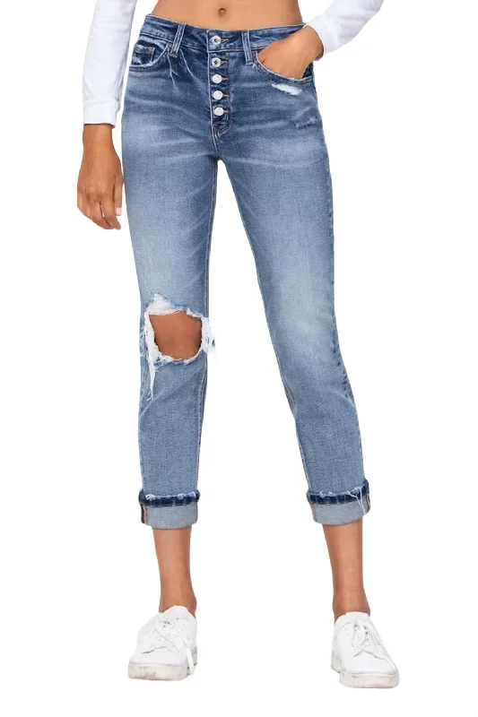 High Rise Cuffed Boyfriend Jean In Medium Indigo Wash