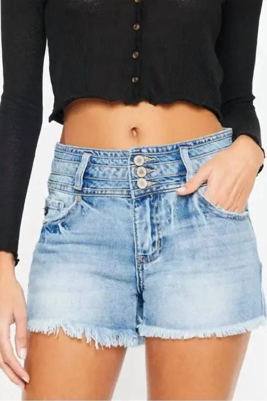 Stylish Tops High Rise Triple Waist Band Shorts In Medium Stone Wash