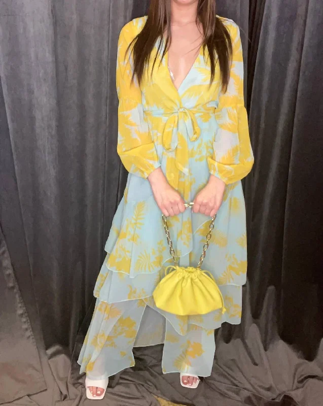 Easy Fit Long Sleeve Print Maxi Dress In Yellow