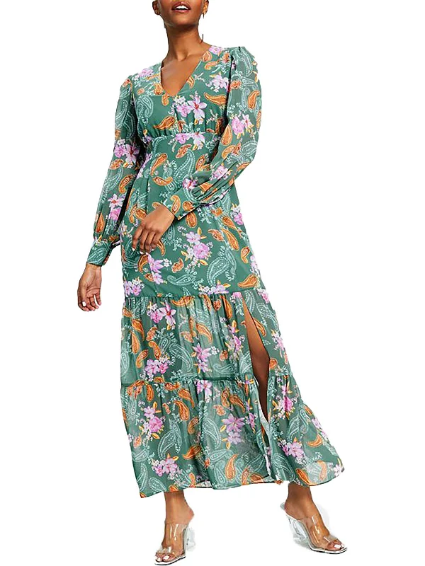 Elegant Comfort Petites Womens Chiffon Floral Maxi Dress