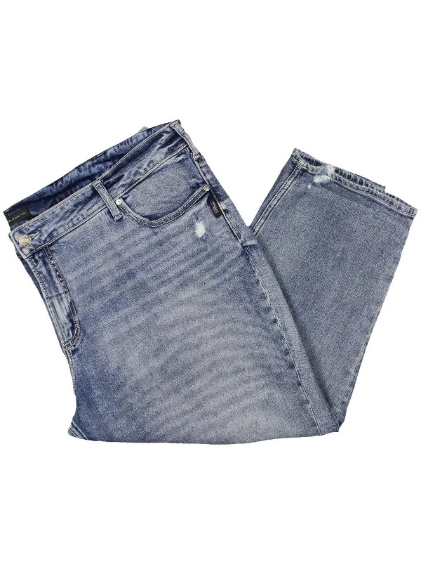 Plus Womens Mid-Rise Distressed Capri Jeans