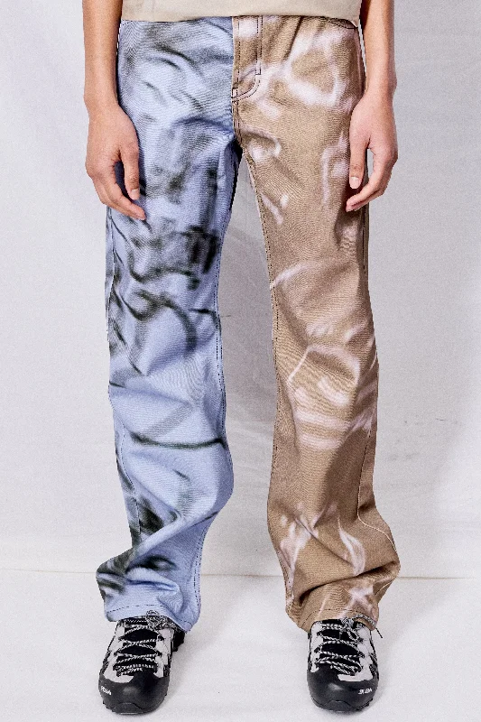 Blue and Beige Split Drawings Denim Pants