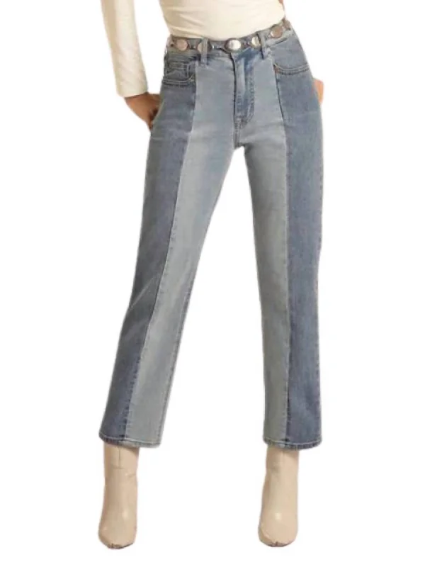 Two-Toned Crop Jeans In Light Midwash