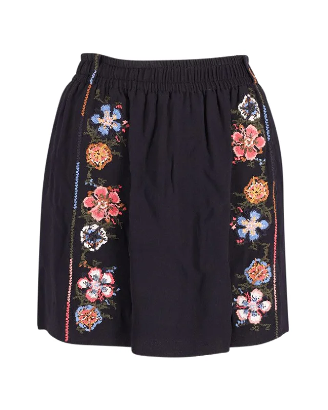 Chloe Embroidered Mini Skirt in Black Crepe