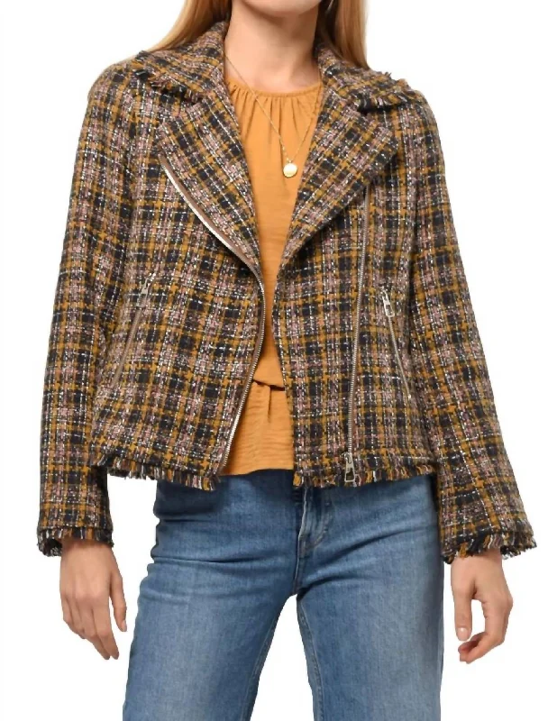 Jeyden Boucle Moto Jacket In Navy-Mustard