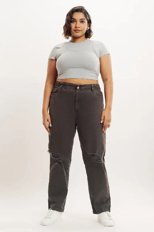 Olive Distress Elasticated Mom Jeans