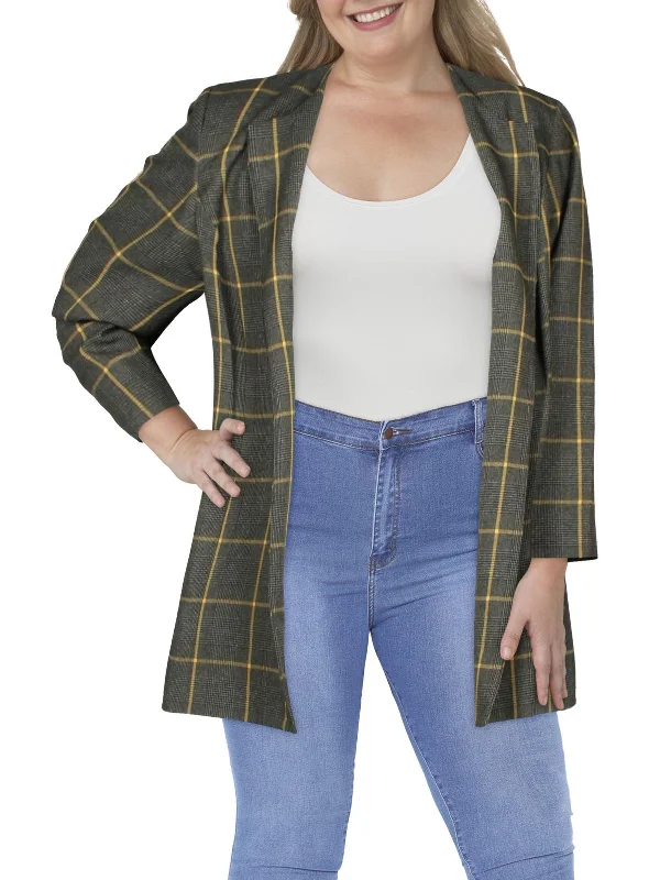 Plus Womens Woven Plaid Collarless Blazer