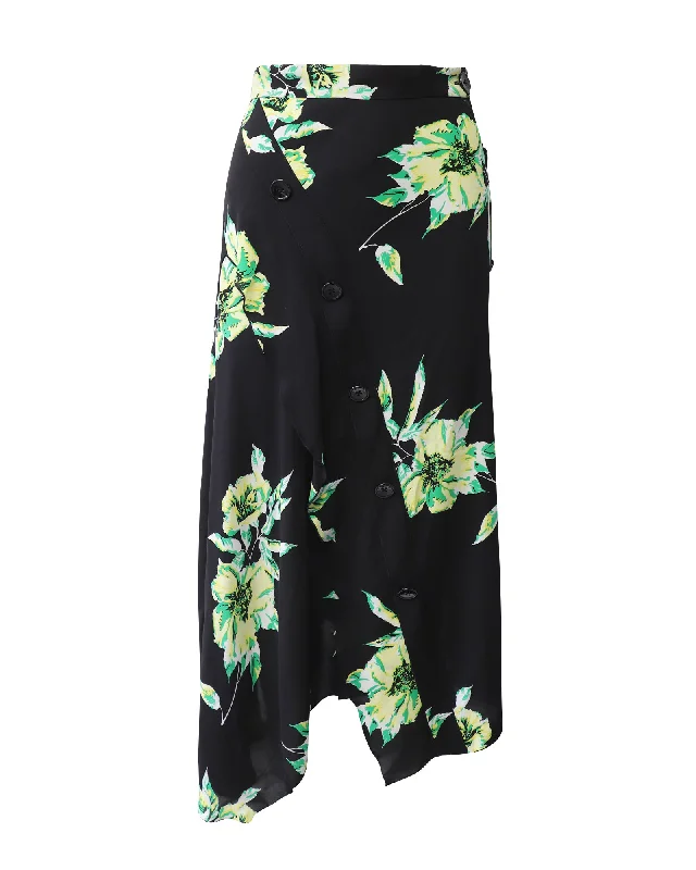 Proenza Schouler Lily Print Asymmetric Skirt in Black and Green Silk