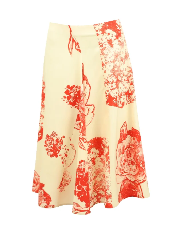 Stella McCartney Floral Print A-Line Midi Skirt in White Silk