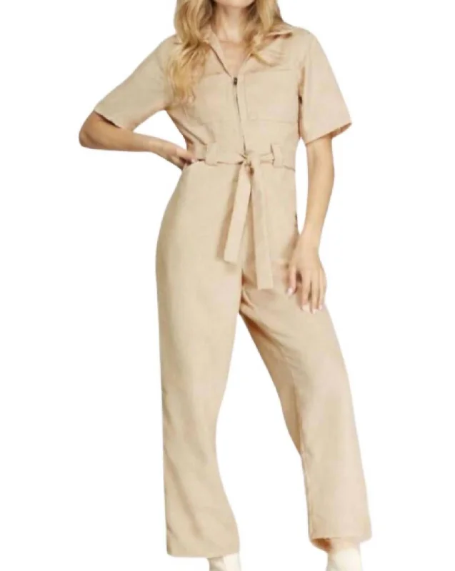 Corduroy Belted Jumpsuit In Ecru