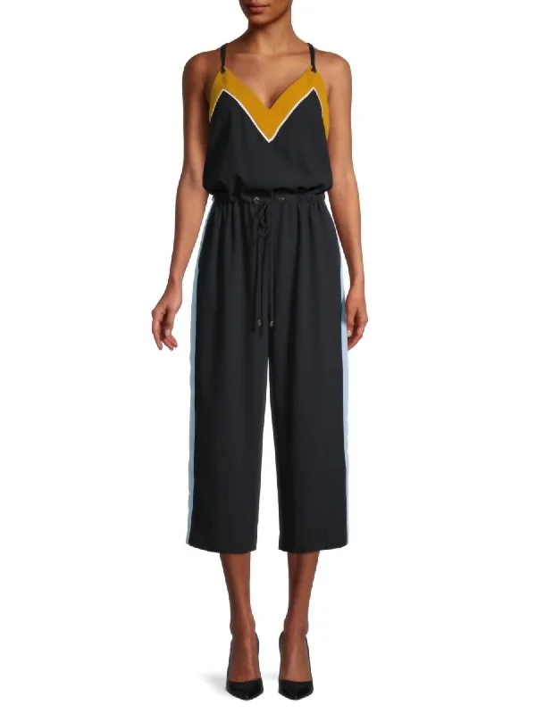 Darvva V-Neckline Drawstrings Cotton Sleeveless Jumpsuit In Black