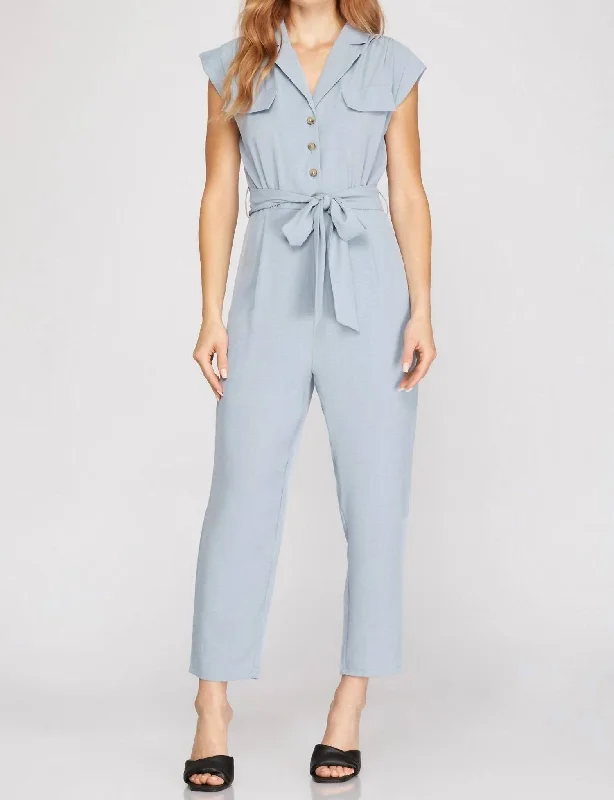 Free And Comfortable Dolman Sleeve Flap Pocket Belted Jumpsuit In Light Blue