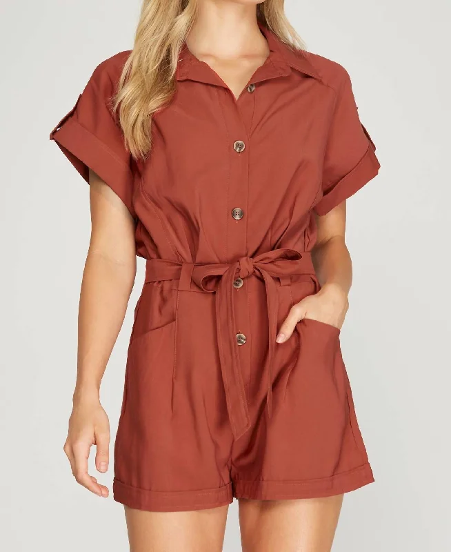 Unique Fashion Drop Shoulder Woven Twill Romper With Pockets In Rust