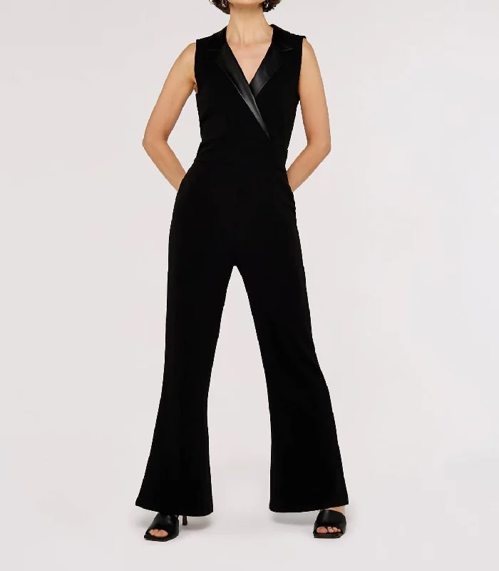 Faux Leather Collared Jumpsuit In Black