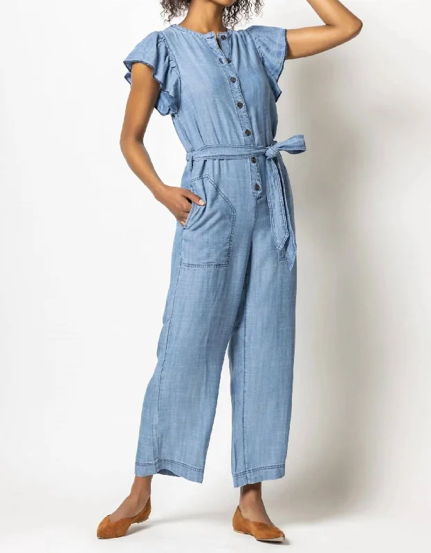 Flutter Sleeve Jumpsuit In Washed Chambray