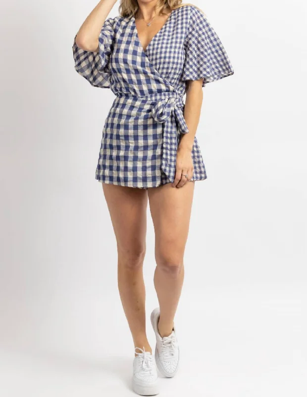 Gingham Wrap Romper In Navy + Natural