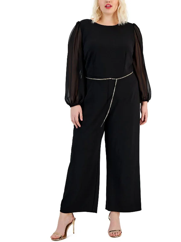 Plus Womens Boatneck Sheer Sleeves Jumpsuit