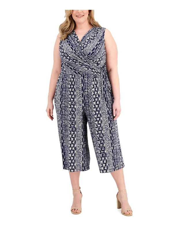 Plus Womens Surplice Neck Floral Jumpsuit