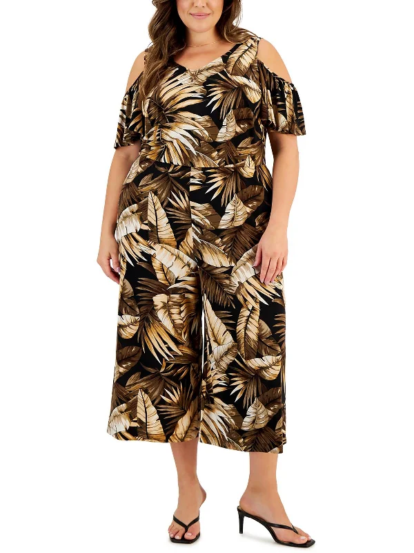 Fashion Concept Plus Womens V Neck Cold Shoulder Jumpsuit