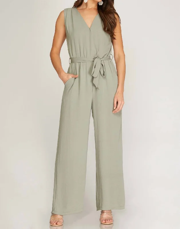 Economic Outlook Sleeveless  Jumpsuit In Light Olive