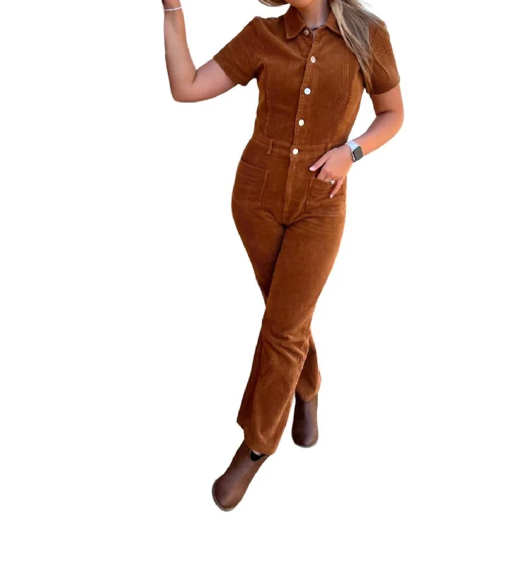 Tristyn Corduroy Button Down Jumpsuit In Brown