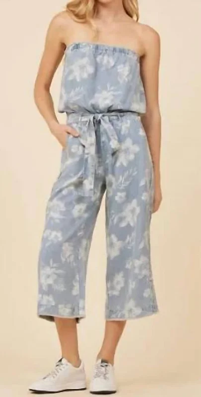 Tropical Print Washed Jumpsuit In Blue