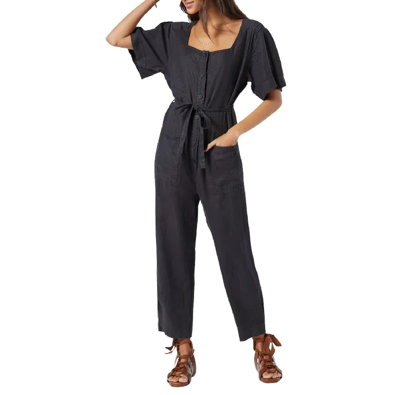 Luxury Customization Viney Linen Jumpsuit In Caviar Black