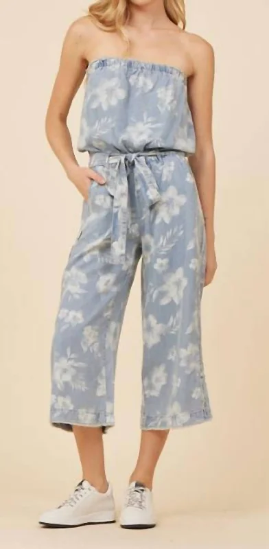 Celebrity Style Washed Tropical Jumper In Denim Blue