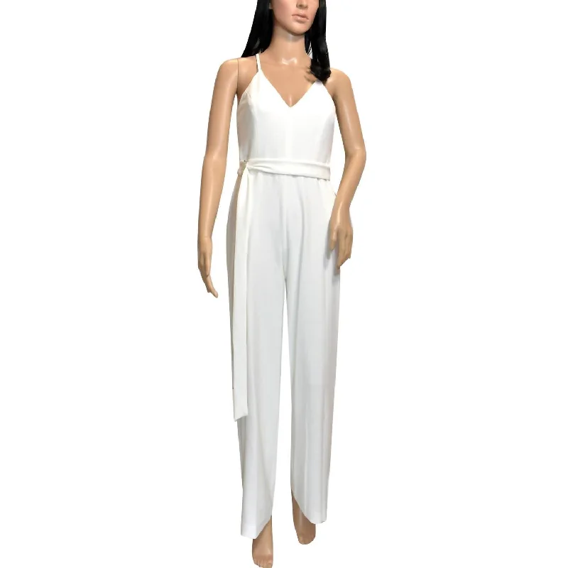 Women Back Lace Belted V-Neck Jumpsuit In White