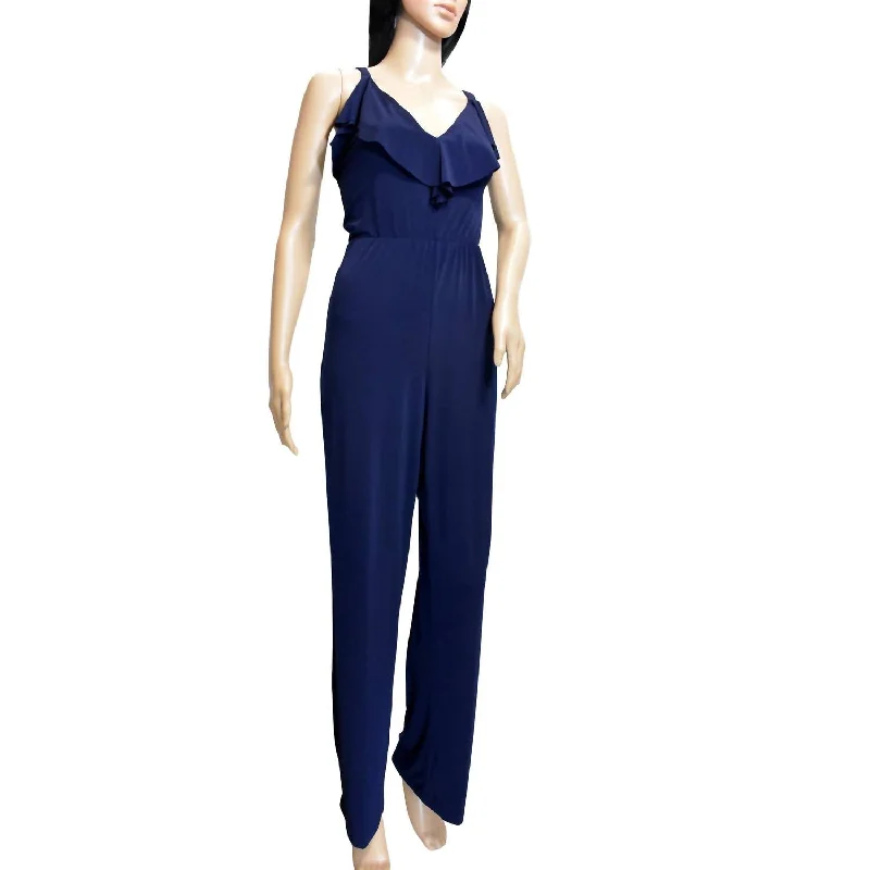 Women Ruffle Trim V-Neck Sleeveless Jumpsuit In Navy Blue