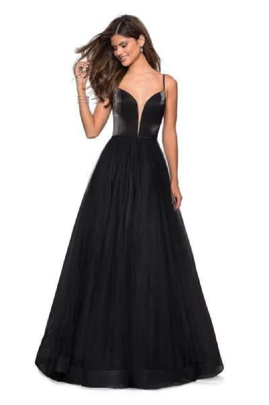 La Femme - 27485 Two Tone Deep V-neck Satin Tulle A-line Dress