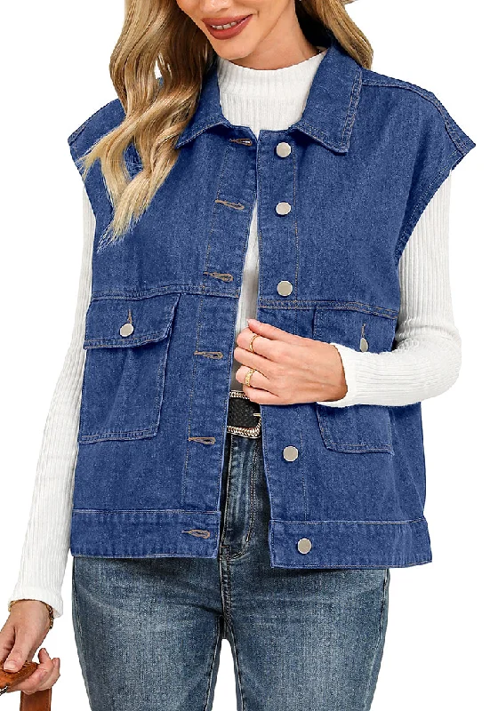 Classic Blue Women's Casual Oversized Button Down Sleeveless Jean Jacket with Pockets