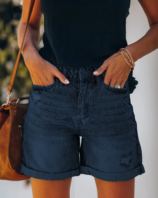 Dark Blue High Waist Roll-Over Distressed Jean Shorts