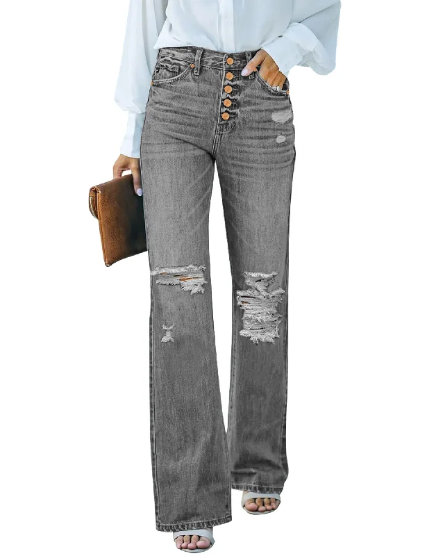 Gray High Waisted Ripped Flare Jeans for Women Distressed Bell Bottom Jeans Wide Leg Pants