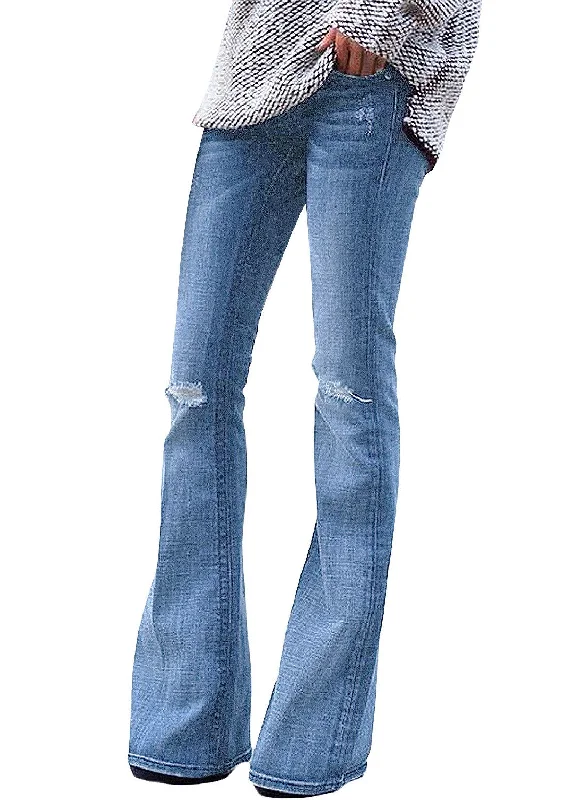 Women's High Waist Ripped Flare Bell Bottom Denim Pants Bootcut Jeans