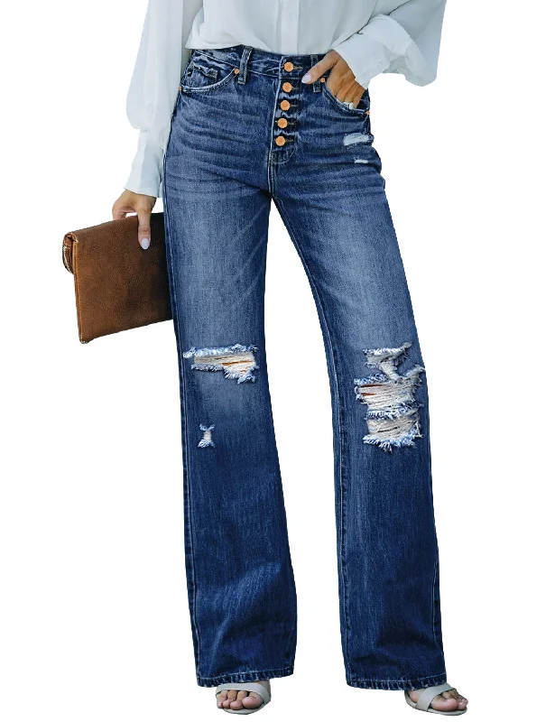 Dark Blue High Waisted Ripped Flare Jeans for Women Distressed Bell Bottom Jeans Wide Leg Pants