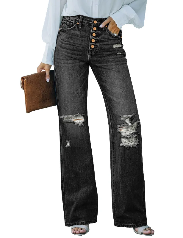 Black High Waisted Ripped Flare Jeans for Women Distressed Bell Bottom Jeans Wide Leg Pants