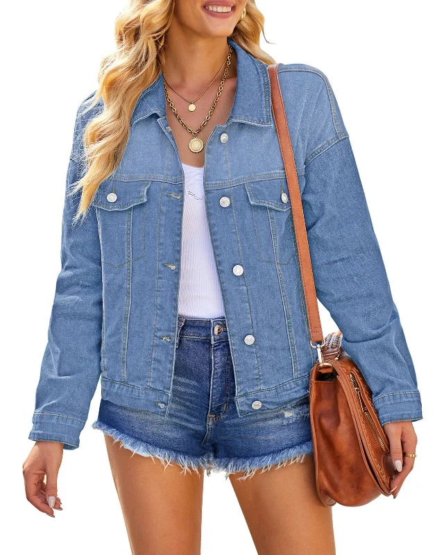 Jean Jacket for Women Stretchy Oversized Boyfriend Denim Trucker Jackets Distressed Shacket