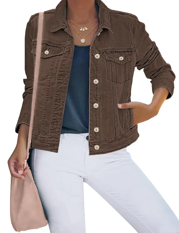 Mustang brown Women's Basic Long Sleeves Button Down Fitted Denim Jean Jacket