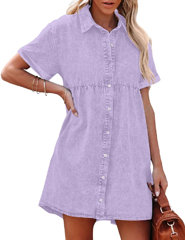 Women's Short Sleeve Button Down Flowy Tiered Babydoll Denim Dress