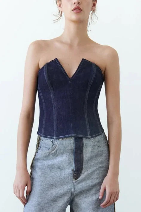 Zipper V-neck Strapless Denim Top