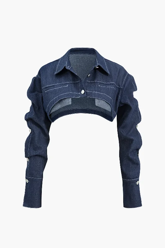 Contrast Whipstitching Pocket Crop Denim Shirt