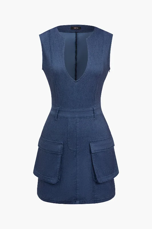 Solid Denim Flap Pocket V-neck Mini Dress