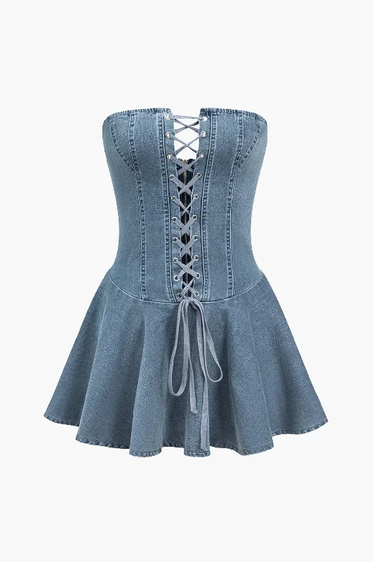 Solid Denim Ruched Zipper Tie-Up Denim Mini Dress