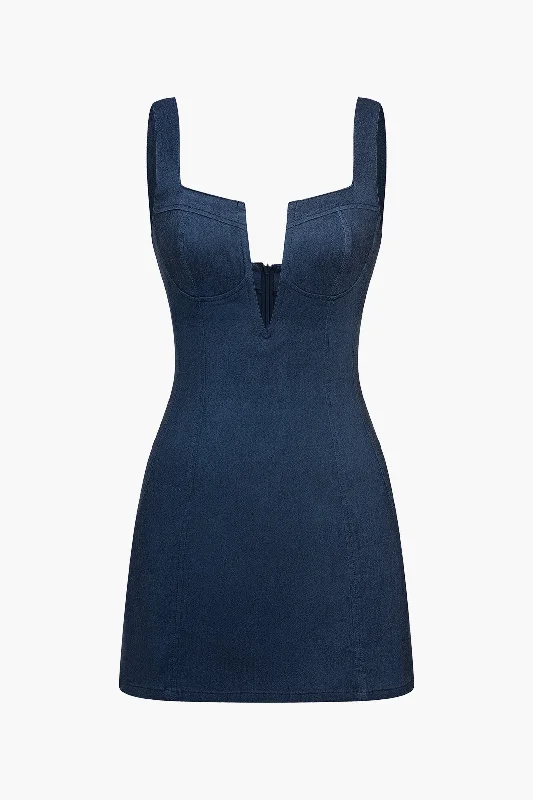 Solid V-neck Tank Bustier Denim Dress