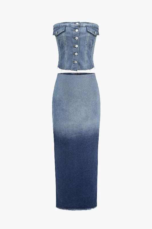 Button Up Tube Top And Ombre Skirt Denim Suit